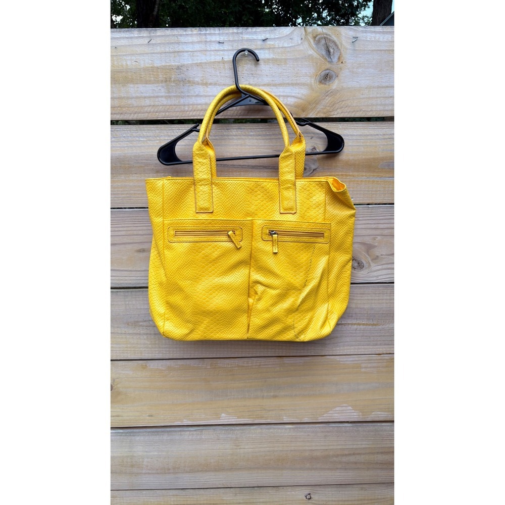 Neiman Marcus Yellow Snakeskin Embossed Faux Leather Tote Bag Front Zip Pockets - Picture 2 of 9